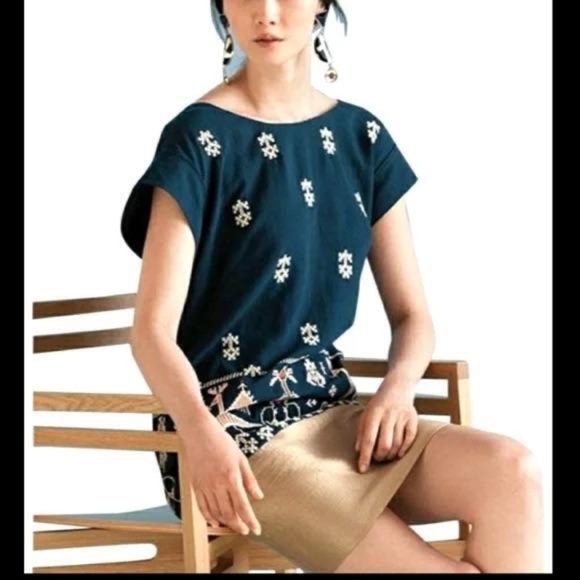 Anthropologie Floreat Avian Myth Shift Dress Teal Gold Embroidered Aztec Size 0 - Picture 1 of 8